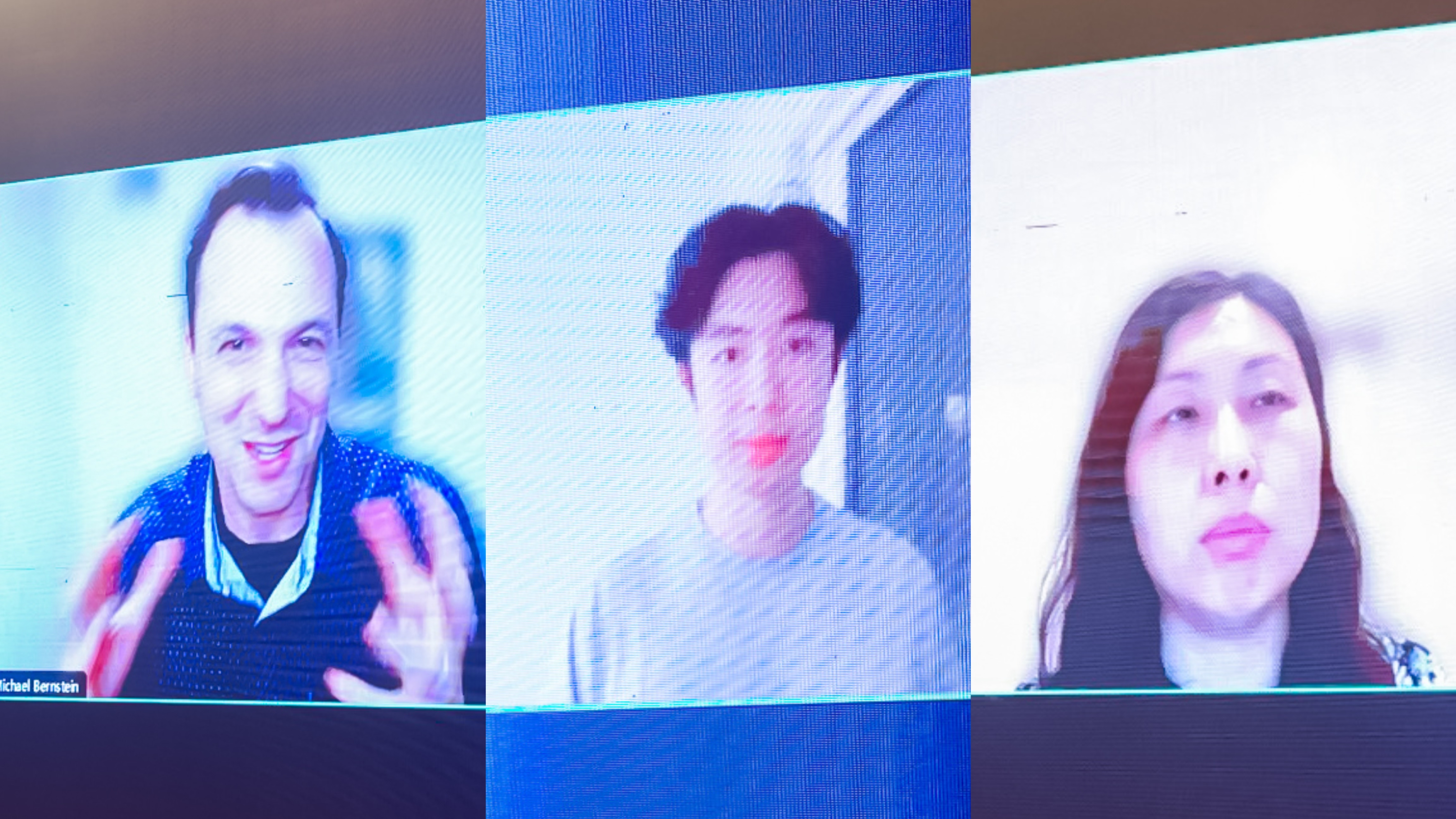 20230910-新葡萄官网AMG计算机系与人工智能研究院基础模型研究中心联合举办首届基础大模型研讨会-嘉艺-Michael Bernstein（左）、Jason Wei（中）、Yan Liu（右）在线上作报告.jpg